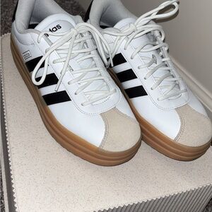 adidas White Sneakers with Black Stripes and Gum Platform Sole